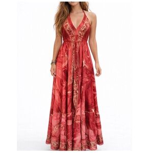 Silk Viscose bohemian style V-neck floral print goddess maxi dres One Size